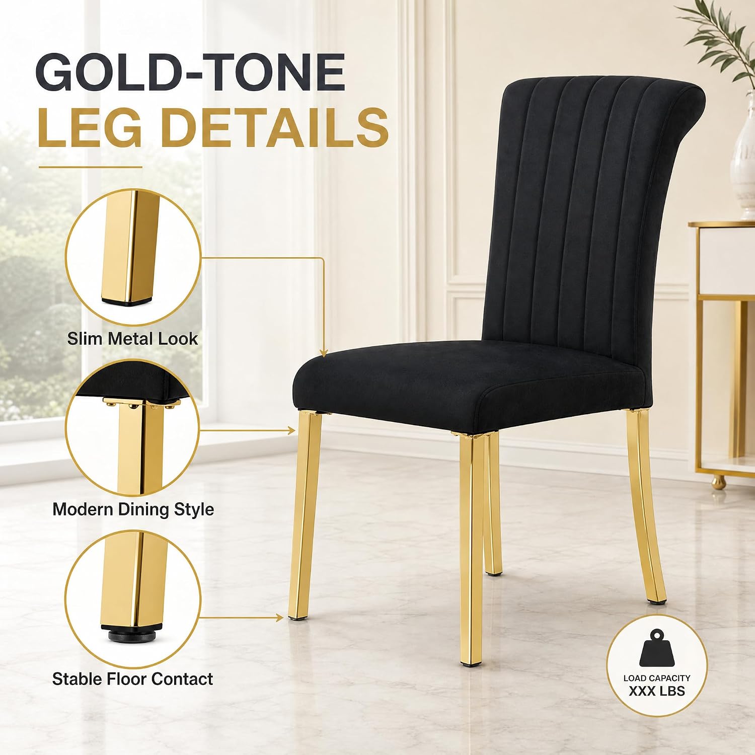 Stella Mia Dining Chairs Set of 2, Channel Tufted Upholstered Armless Side Chairs with Polished Gold Metal Legs