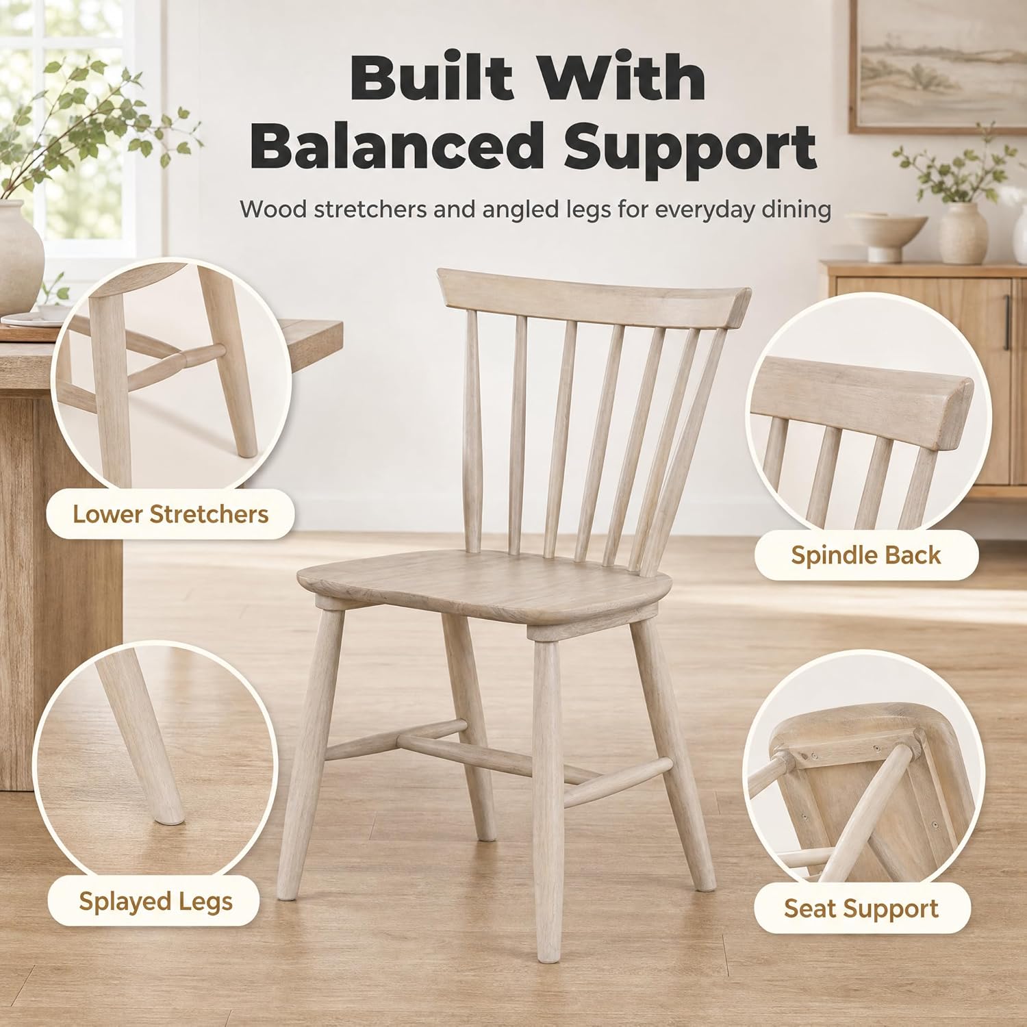 Stella Mia Dining Chairs Set of 2, 100% Solid Wood Spindle Back Kitchen Dining Room Chairs