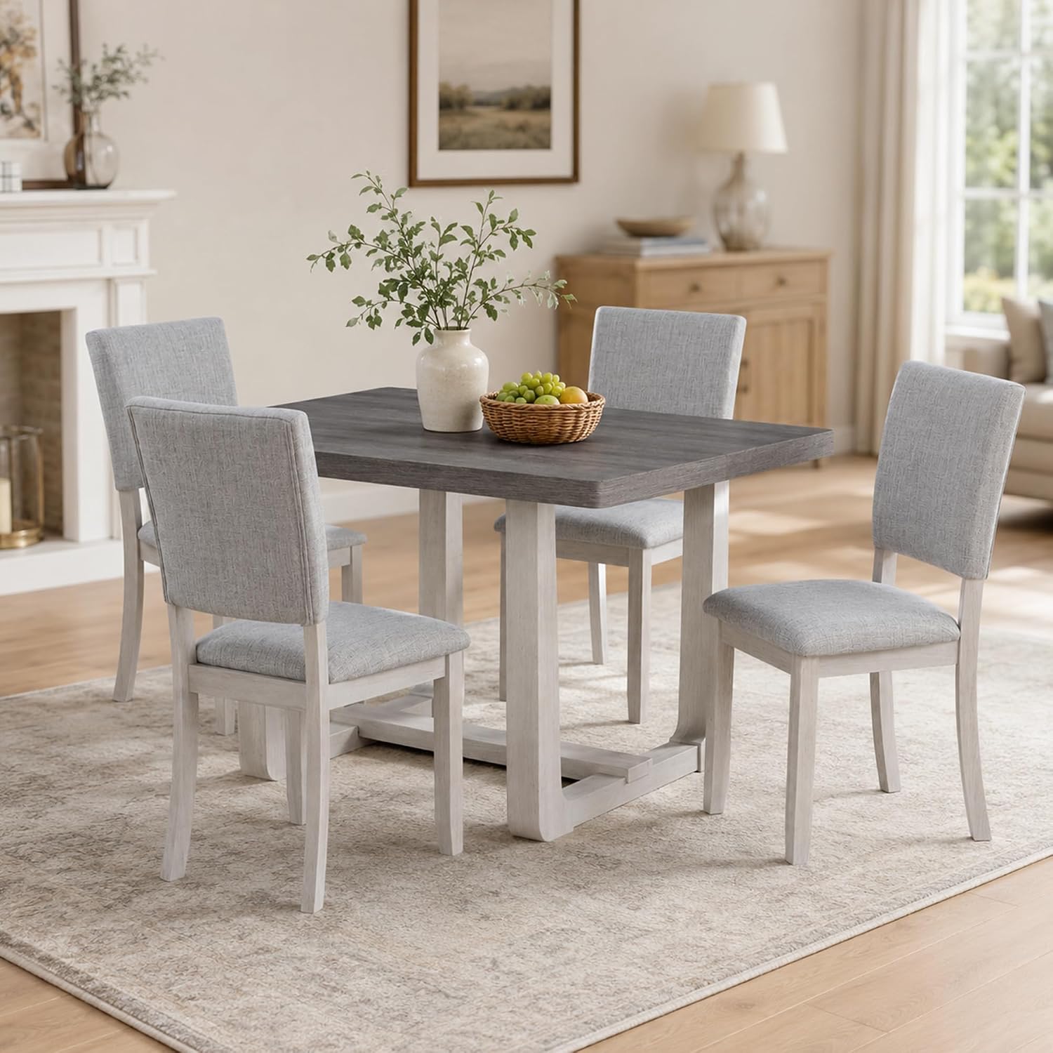 Stella Mia 5-Piece Dining Table Set for 4, 48" Rectangular Solid Wood Kitchen Table with Trestle Base and 4 Upholstered Chairs
