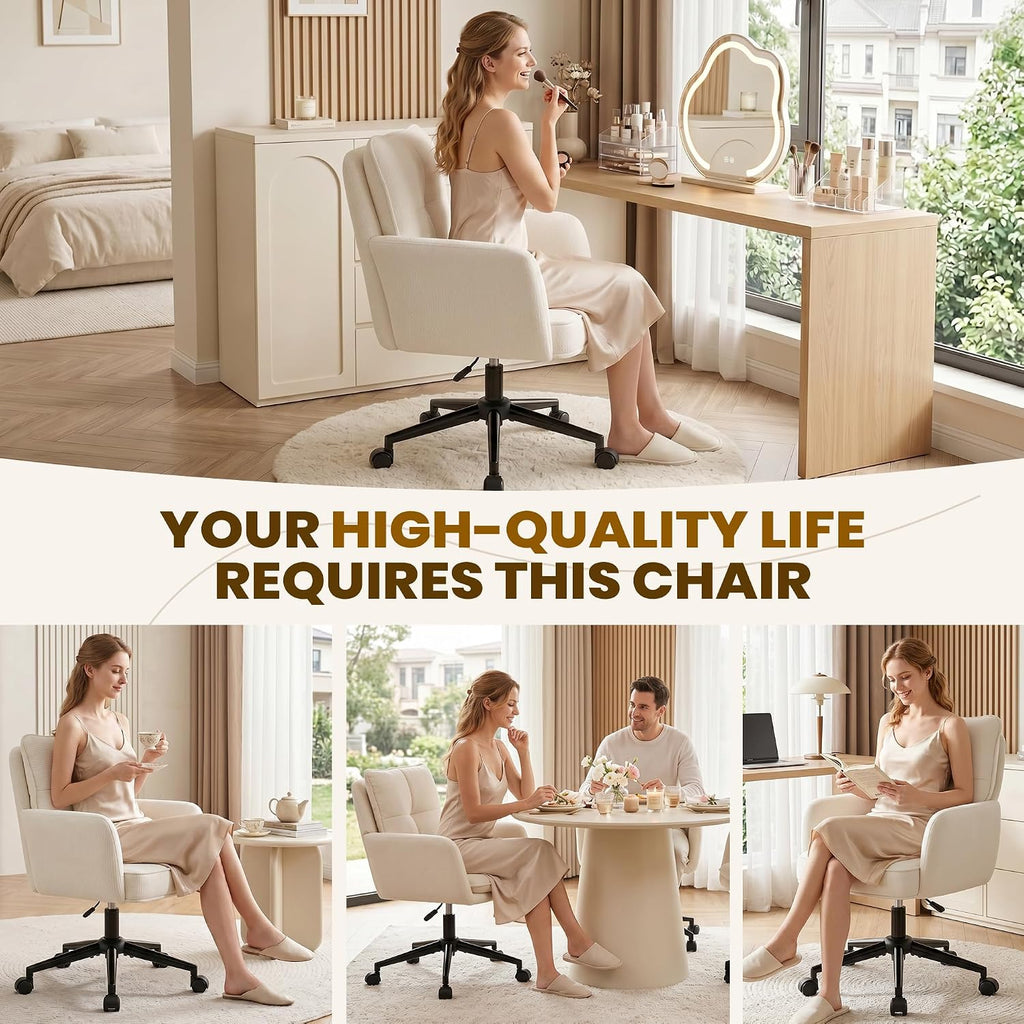 Vanity Chair with Wheels, Modern Height Adjustable Makeup Desk Chair with 360° Swivel & 28D High-Density Sponge Cushion, Upholstered Small Task Stool for Bedroom, Living Room & Home, White