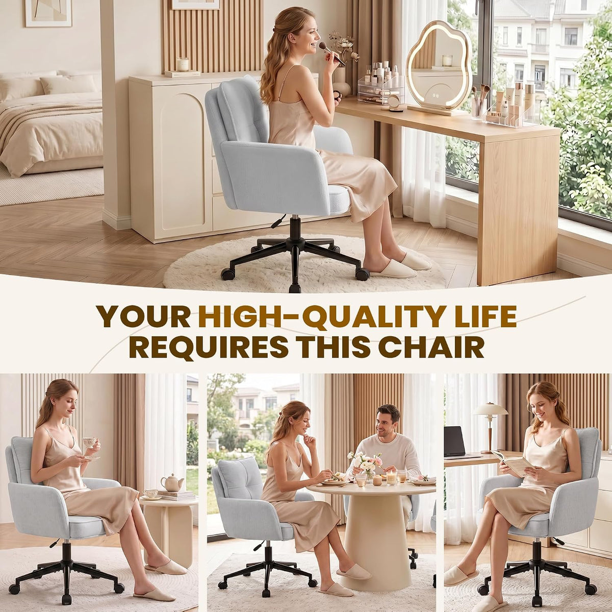 Vanity Chair with Wheels, Modern Height Adjustable Makeup Desk Chair with 360° Swivel & 28D High-Density Sponge Cushion, Upholstered Small Task Stool for Bedroom, Living Room & Home, White