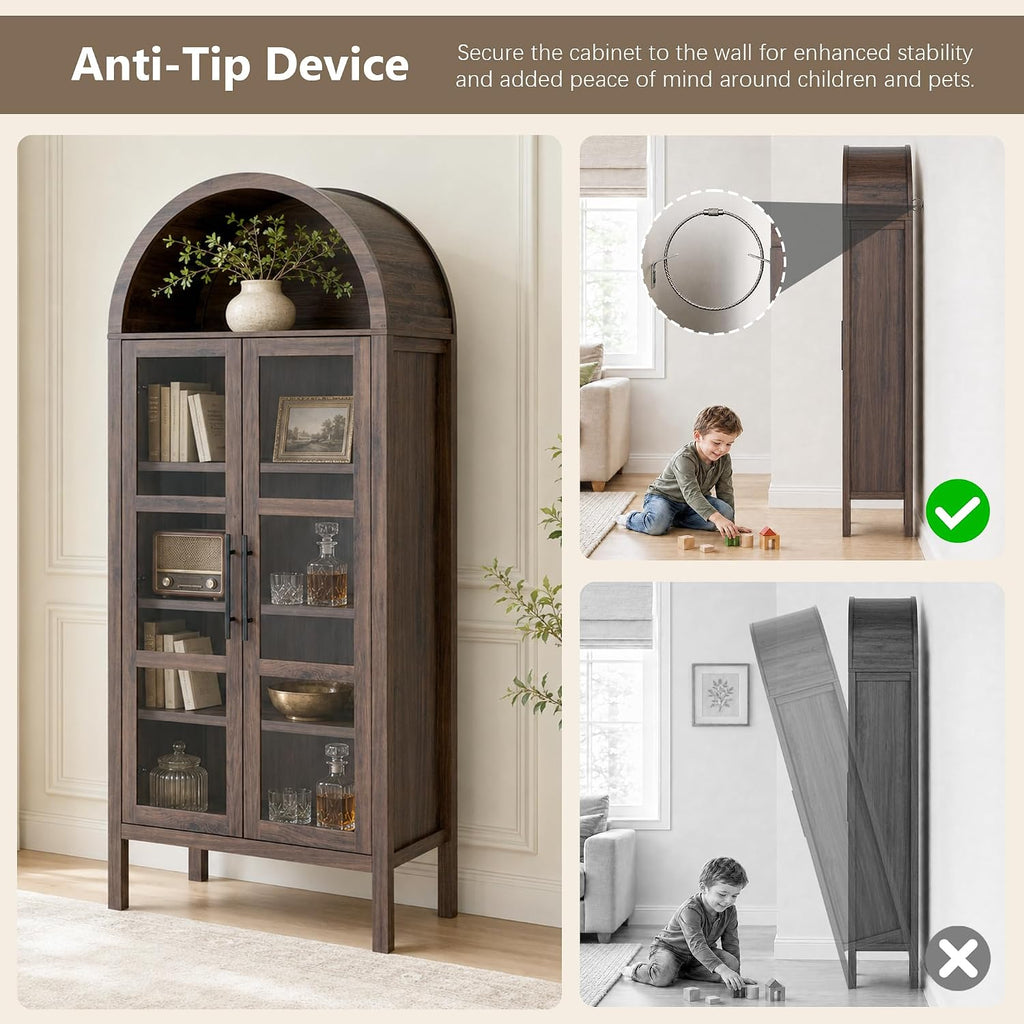 Stella Mia 72" Tall Arched Display Cabinet with Glass Doors