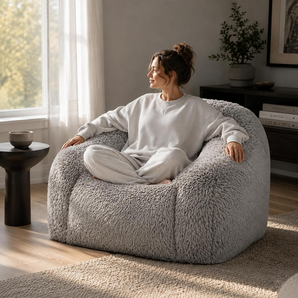 Stella Mia Compressed Accent Chair, Shaggy Plush Foam Sofa Chair with Pocket Coils & Curved Arms