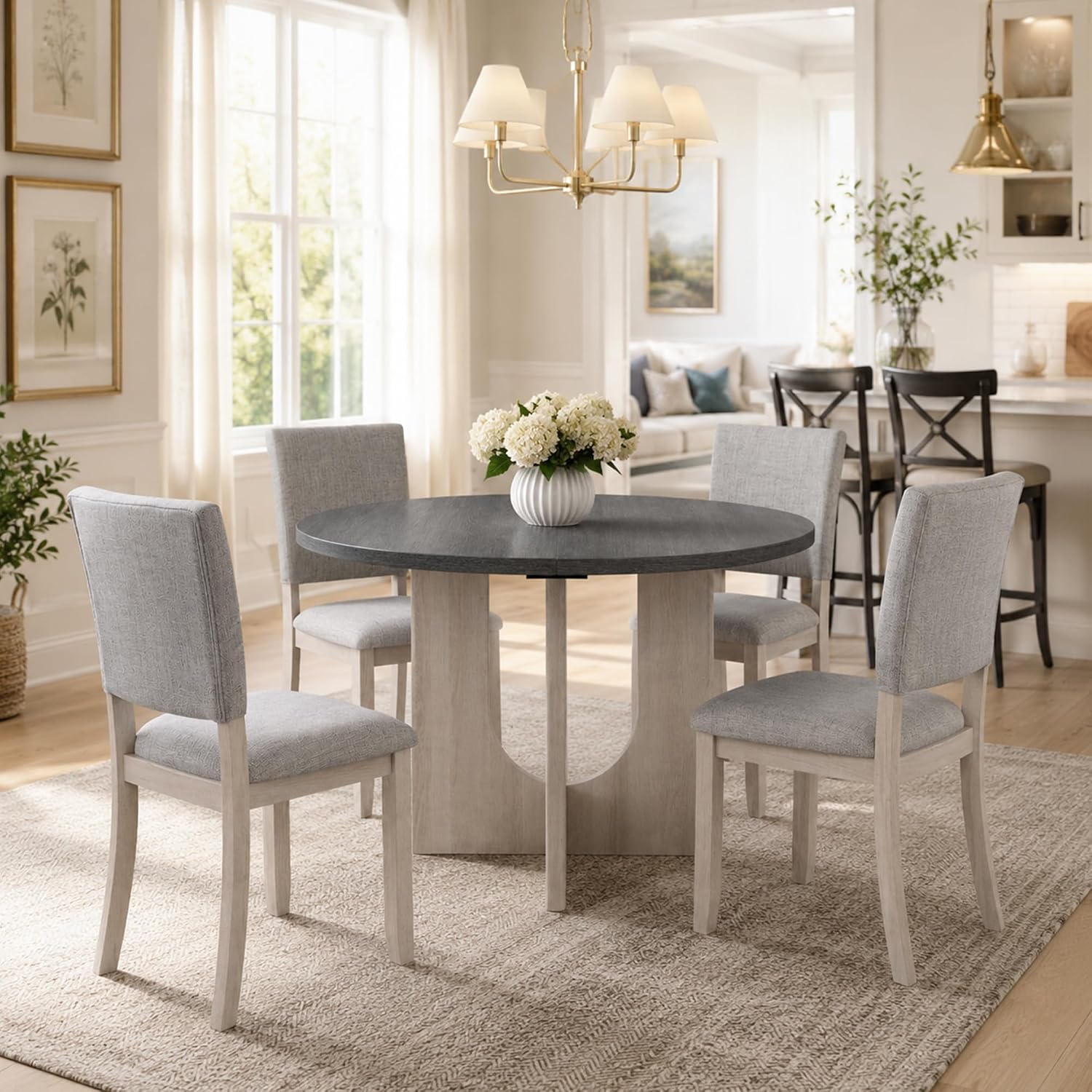 Stella Mia Round Dining Table Set for 4, 47" Round Tabletop, Dark Gray | U-Shaped Pedestal Base
