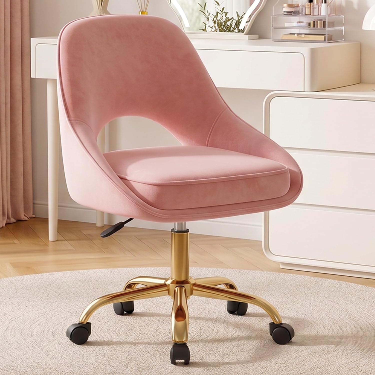 Vanity Chair with Wheels, Adjustable Makeup Desk Chair for Bedroom, Pink | Soft velvet upholstery, 300 lbs capacity, 18.1-21.7 in seat height, 360 swivel, curved back, gold base, study and home office