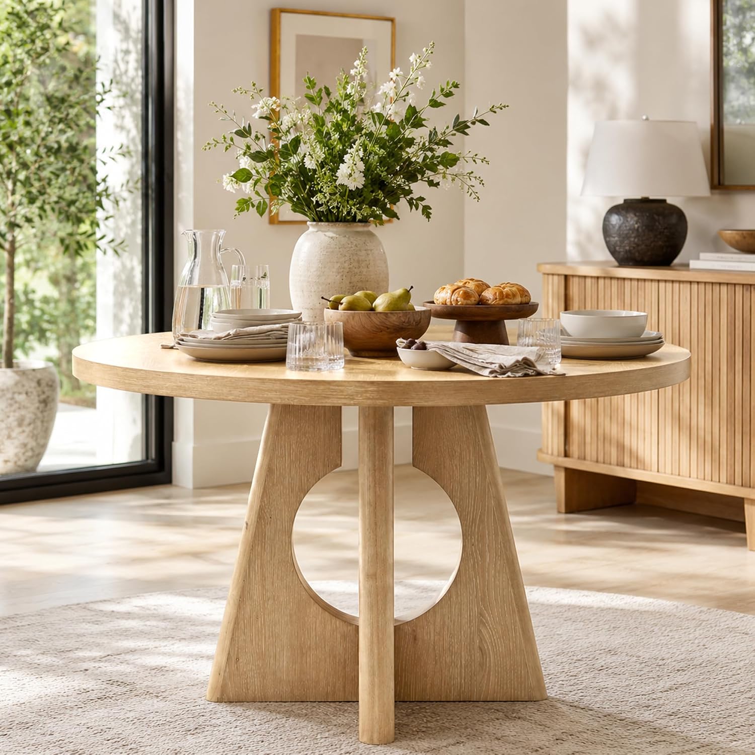 Stella Mia 5-Piece Round Dining Table Set for 4, 47" Organic Modern Kitchen Table & 4 Upholstered Chairs