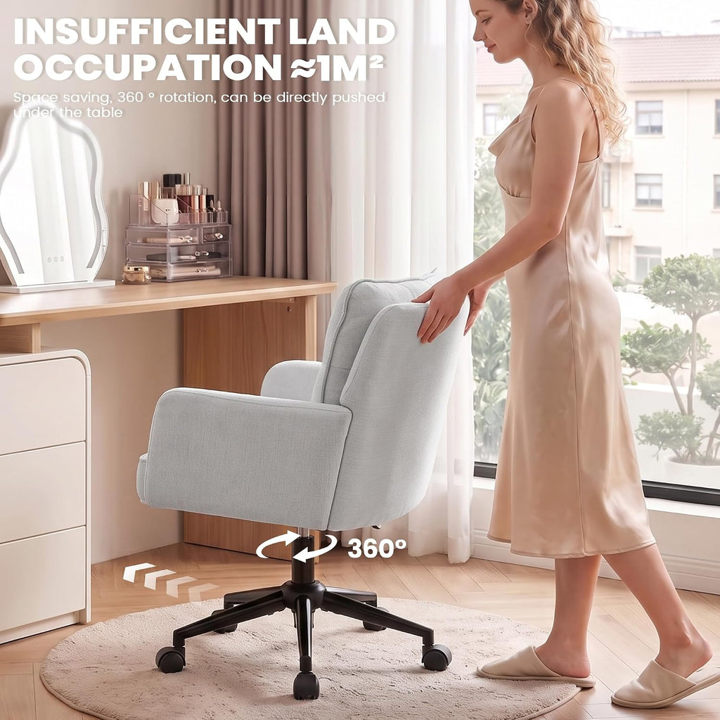 Vanity Chair with Wheels, Modern Height Adjustable Makeup Desk Chair with 360° Swivel & 28D High-Density Sponge Cushion, Upholstered Small Task Stool for Bedroom, Living Room & Home, White