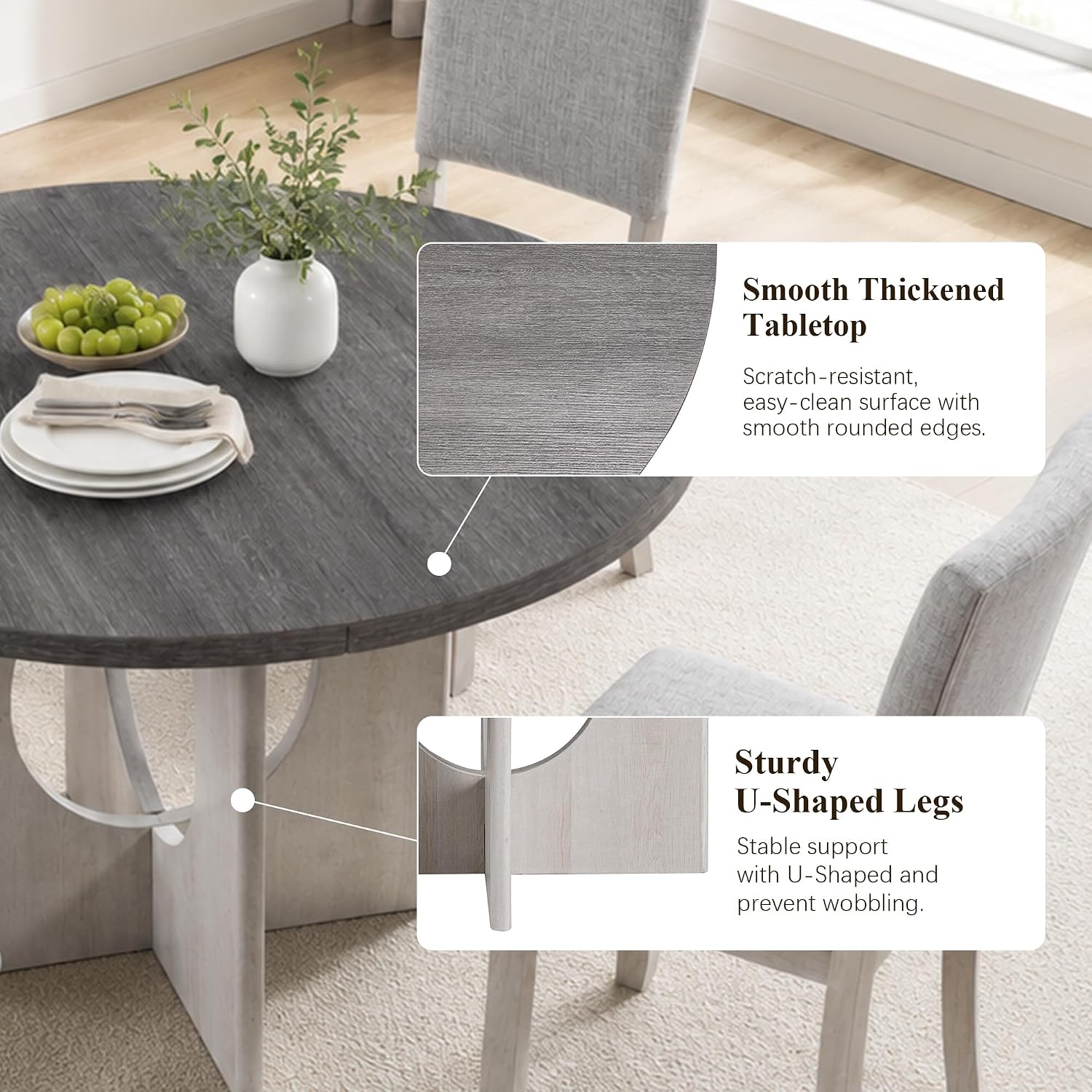 Stella Mia Round Dining Table Set for 4, 47" Round Tabletop, Dark Gray | U-Shaped Pedestal Base