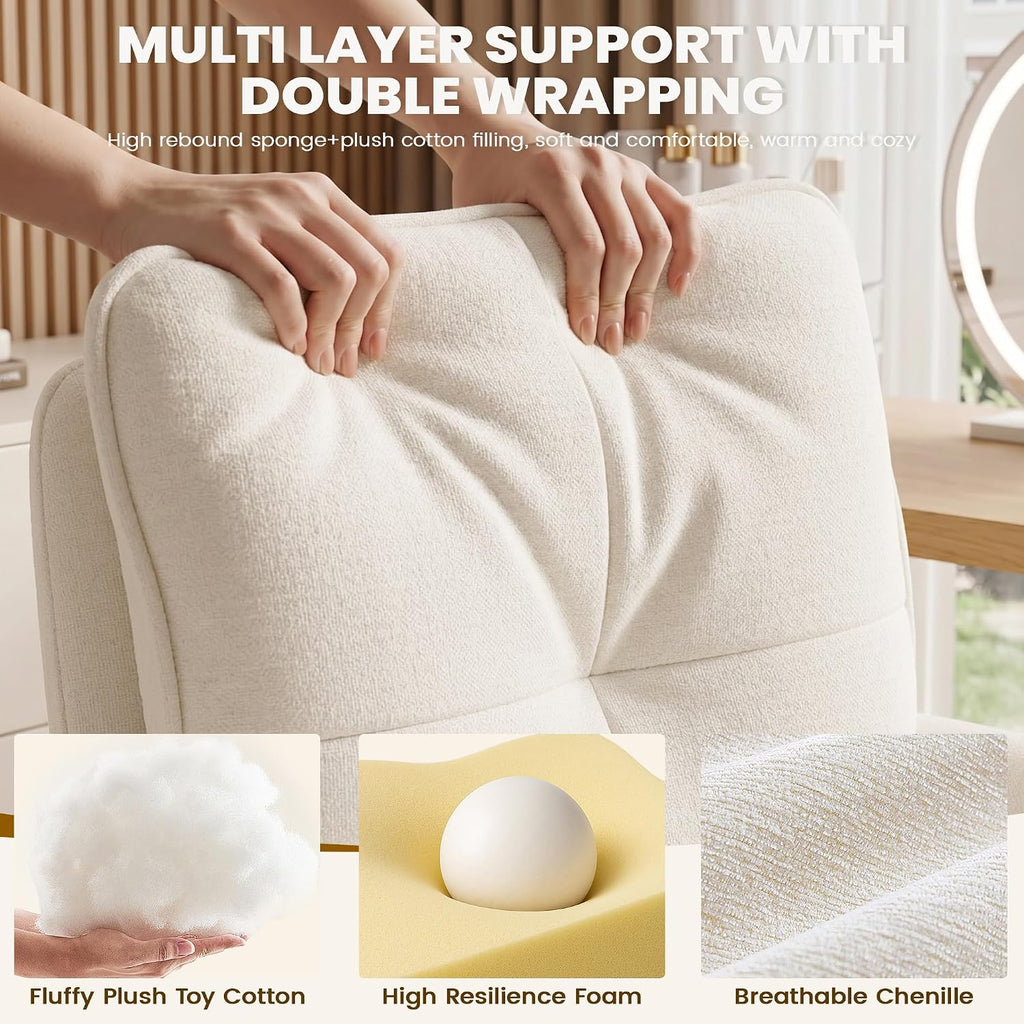 Vanity Chair with Wheels, Modern Height Adjustable Makeup Desk Chair with 360° Swivel & 28D High-Density Sponge Cushion, Upholstered Small Task Stool for Bedroom, Living Room & Home, White