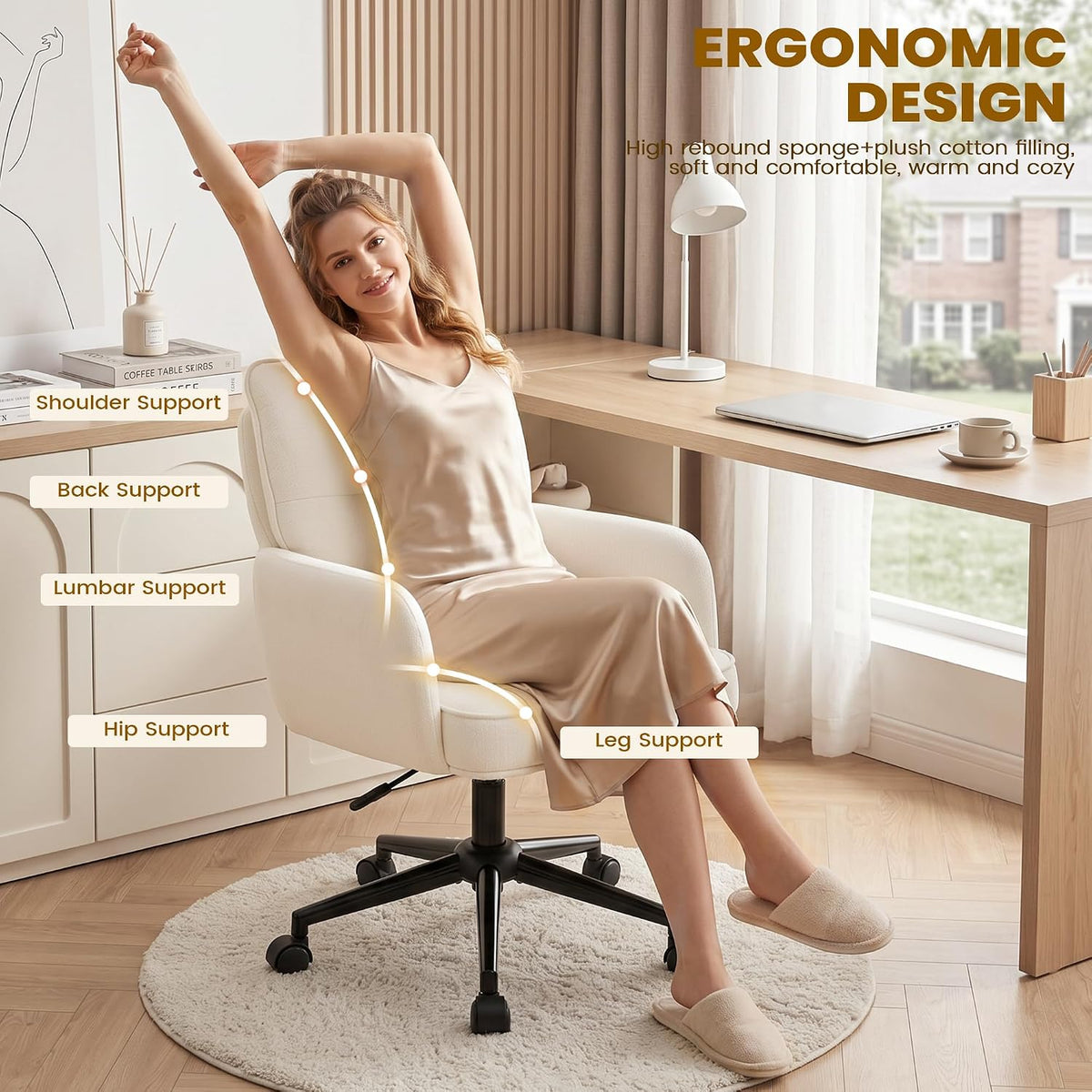 Vanity Chair with Wheels, Modern Height Adjustable Makeup Desk Chair with 360° Swivel & 28D High-Density Sponge Cushion, Upholstered Small Task Stool for Bedroom, Living Room & Home, White
