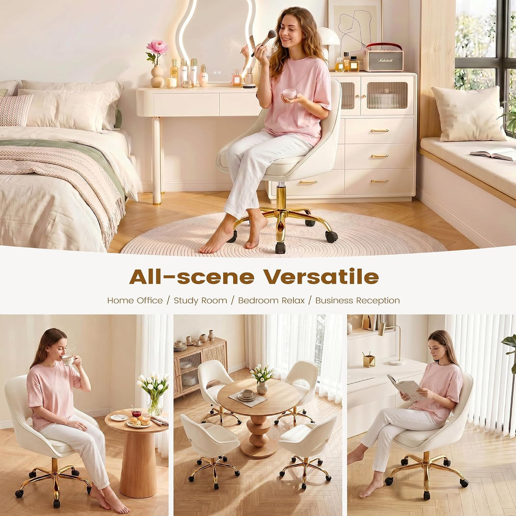 Vanity Chair with Wheels, Adjustable Makeup Desk Chair for Bedroom, Pink | Soft velvet upholstery, 300 lbs capacity, 18.1-21.7 in seat height, 360 swivel, curved back, gold base, study and home office