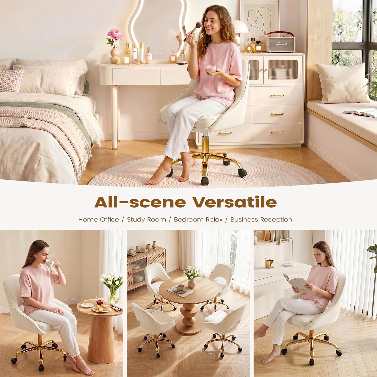 Vanity Chair with Wheels, Adjustable Makeup Desk Chair for Bedroom, Pink | Soft velvet upholstery, 300 lbs capacity, 18.1-21.7 in seat height, 360 swivel, curved back, gold base, study and home office