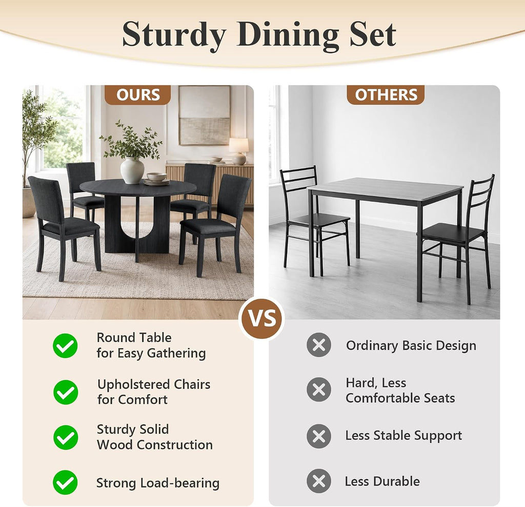 Stella Mia Round Dining Table Set for 4, 47" Round Tabletop, Dark Gray | U-Shaped Pedestal Base