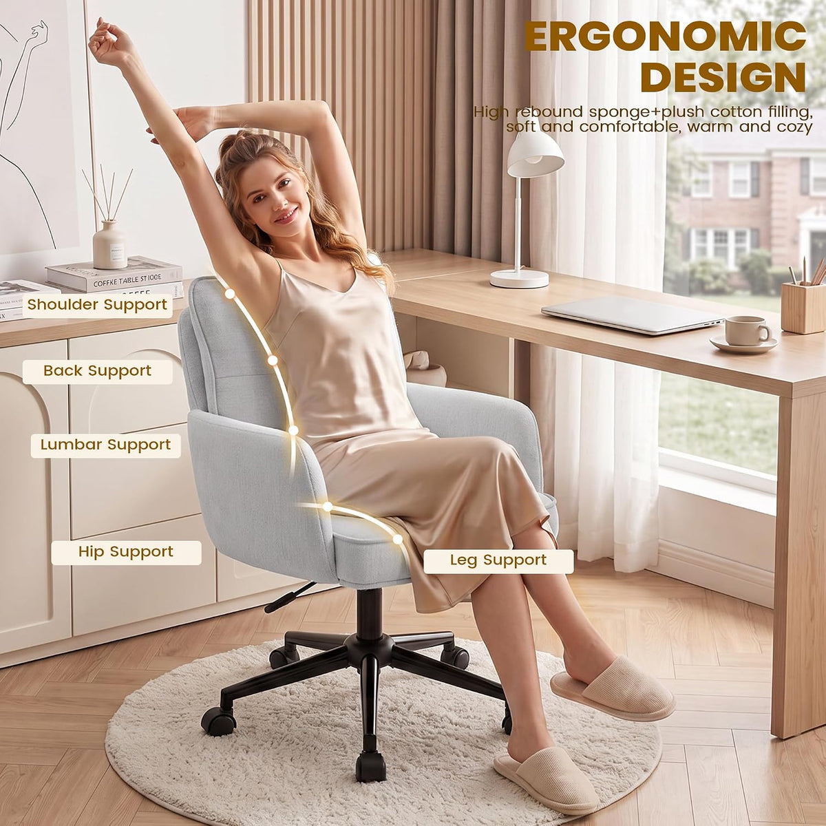 Vanity Chair with Wheels, Modern Height Adjustable Makeup Desk Chair with 360° Swivel & 28D High-Density Sponge Cushion, Upholstered Small Task Stool for Bedroom, Living Room & Home, White