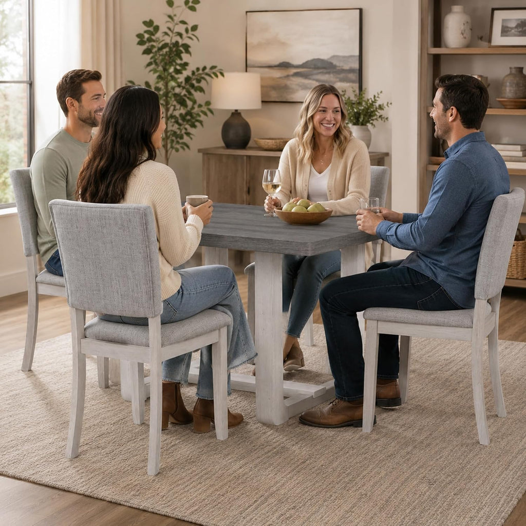 Stella Mia 5-Piece Dining Table Set for 4, 48" Rectangular Solid Wood Kitchen Table with Trestle Base and 4 Upholstered Chairs