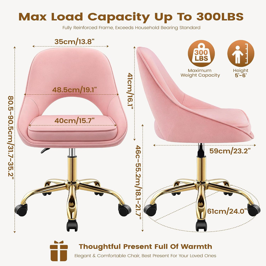 Vanity Chair with Wheels, Adjustable Makeup Desk Chair for Bedroom, Pink | Soft velvet upholstery, 300 lbs capacity, 18.1-21.7 in seat height, 360 swivel, curved back, gold base, study and home office