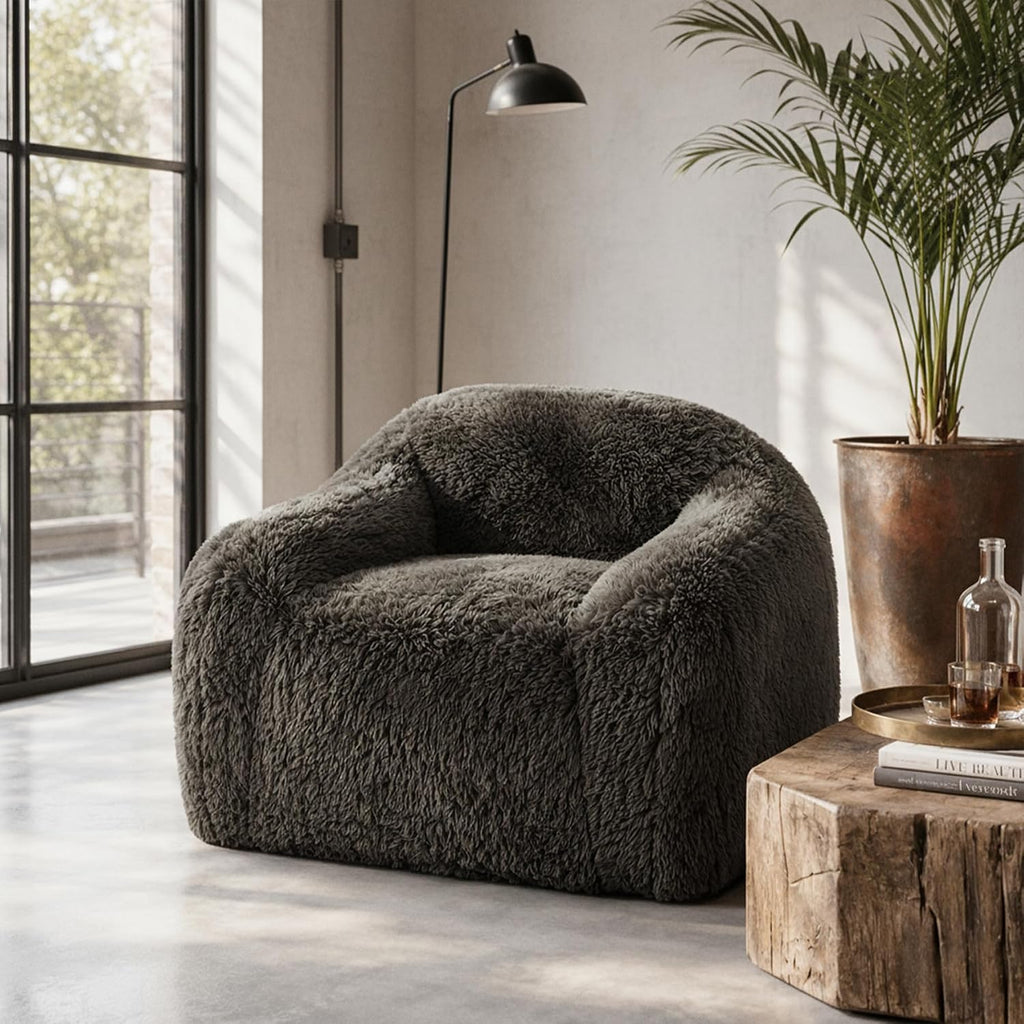 Stella Mia Compressed Accent Chair, Shaggy Plush Foam Sofa Chair with Pocket Coils & Curved Arms