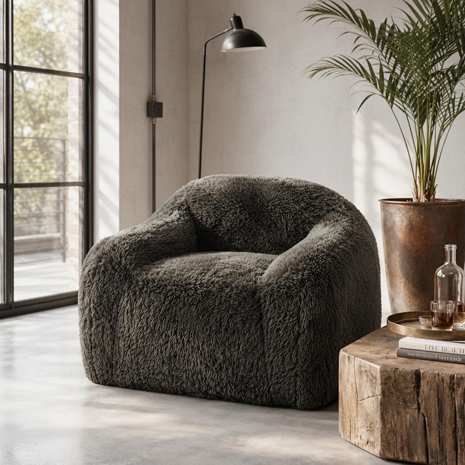 Stella Mia Compressed Accent Chair, Shaggy Plush Foam Sofa Chair with Pocket Coils & Curved Arms