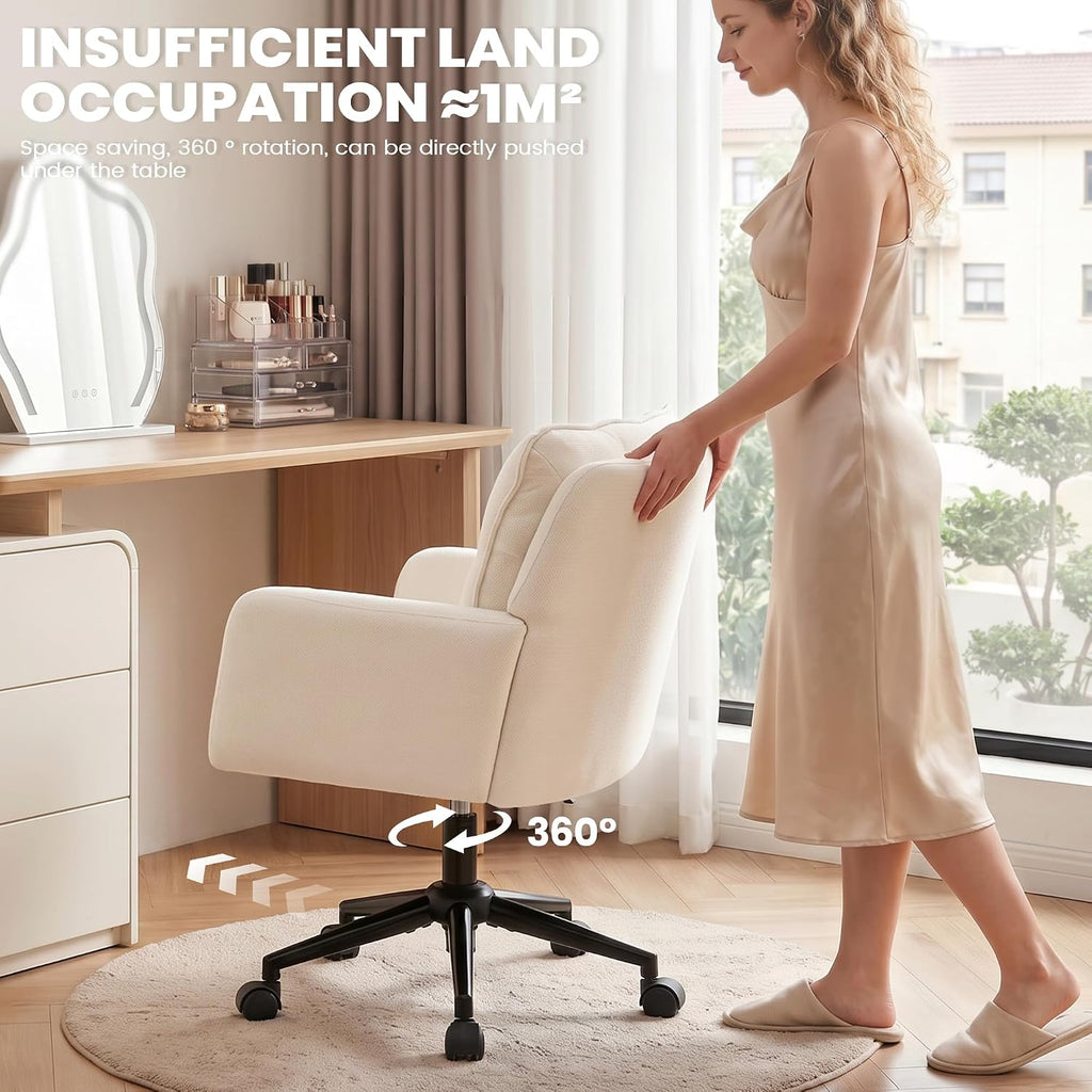 Vanity Chair with Wheels, Modern Height Adjustable Makeup Desk Chair with 360° Swivel & 28D High-Density Sponge Cushion, Upholstered Small Task Stool for Bedroom, Living Room & Home, White