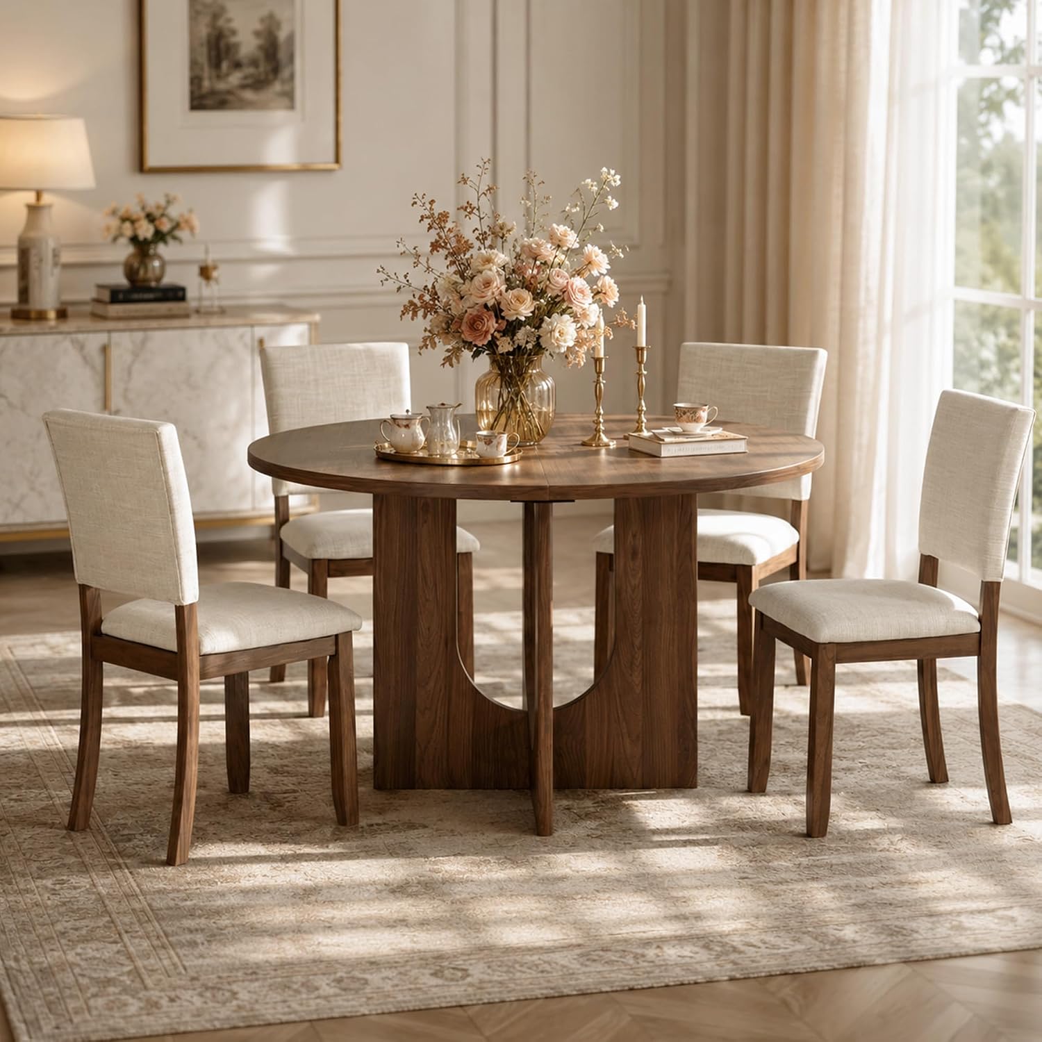 Stella Mia 5-Piece Small Round Dining Table Set for 4, Walnut