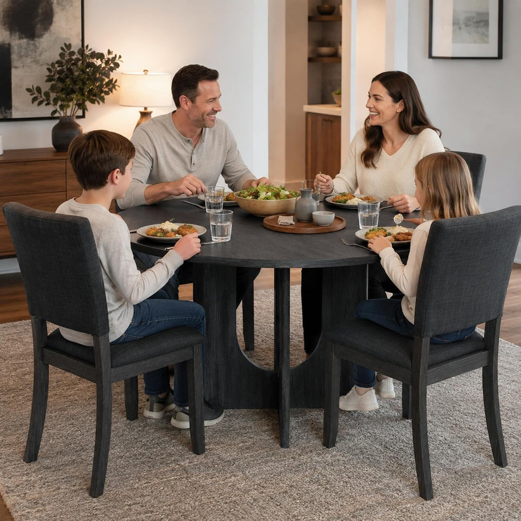 Stella Mia Round Dining Table Set for 4, 47" Round Tabletop, Dark Gray | U-Shaped Pedestal Base