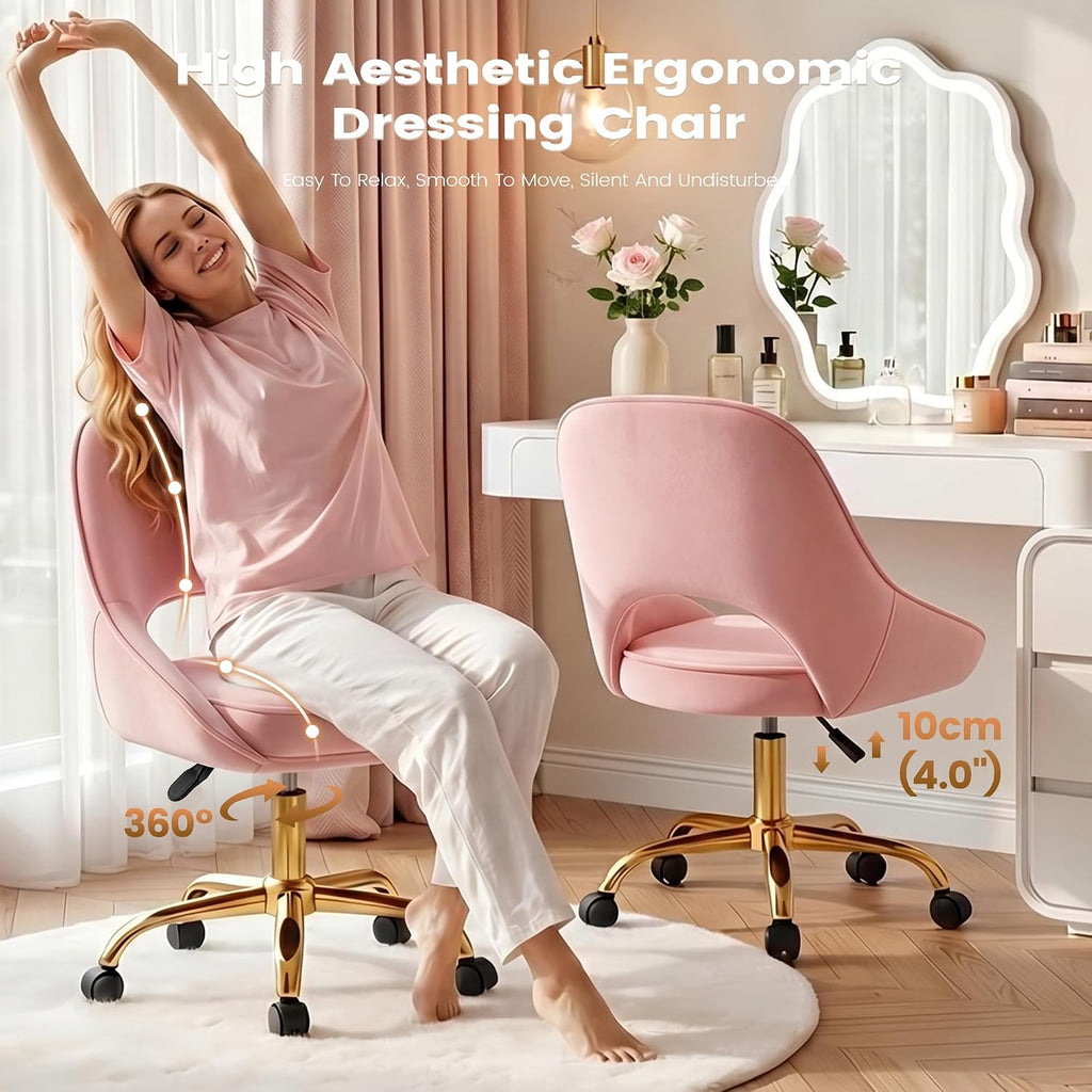 Vanity Chair with Wheels, Adjustable Makeup Desk Chair for Bedroom, Pink | Soft velvet upholstery, 300 lbs capacity, 18.1-21.7 in seat height, 360 swivel, curved back, gold base, study and home office