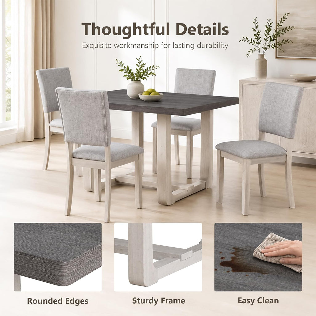Stella Mia 5-Piece Dining Table Set for 4, 48" Rectangular Solid Wood Kitchen Table with Trestle Base and 4 Upholstered Chairs