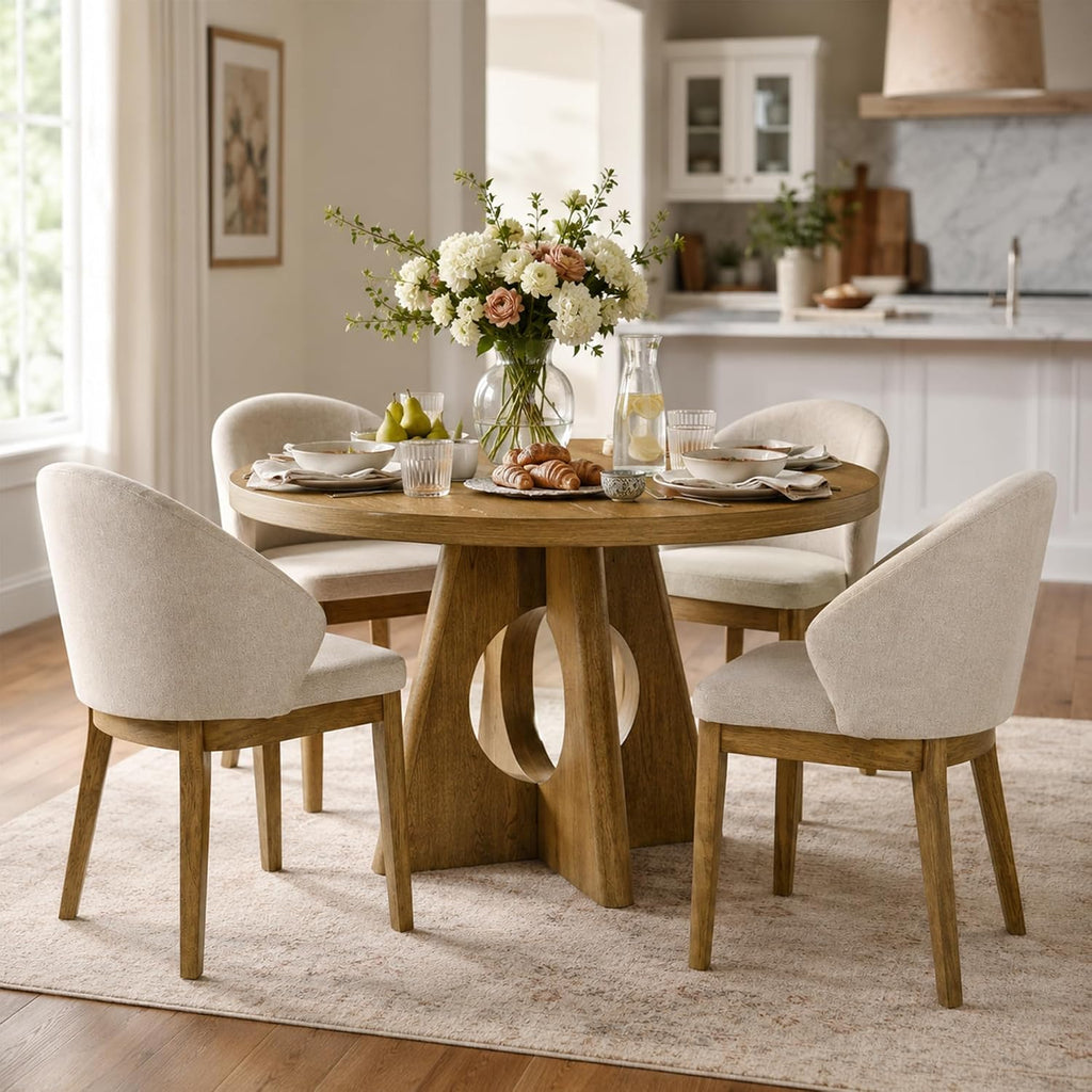 Stella Mia 5-Piece Round Dining Table Set for 4, 47" Organic Modern Kitchen Table & 4 Upholstered Chairs