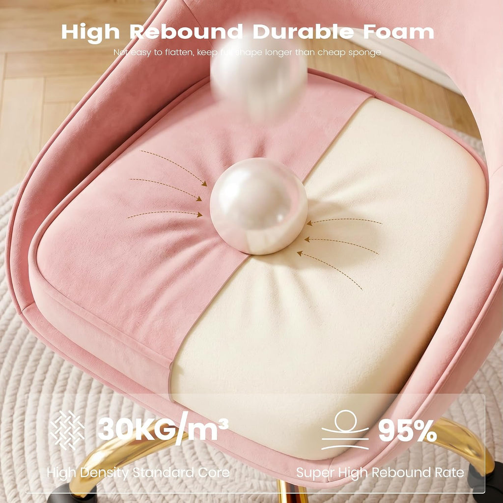 Vanity Chair with Wheels, Adjustable Makeup Desk Chair for Bedroom, Pink | Soft velvet upholstery, 300 lbs capacity, 18.1-21.7 in seat height, 360 swivel, curved back, gold base, study and home office