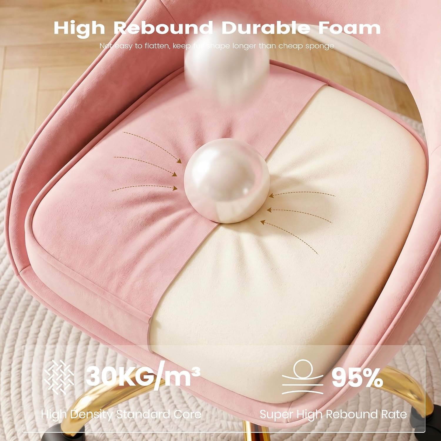 Vanity Chair with Wheels, Adjustable Makeup Desk Chair for Bedroom, Pink | Soft velvet upholstery, 300 lbs capacity, 18.1-21.7 in seat height, 360 swivel, curved back, gold base, study and home office