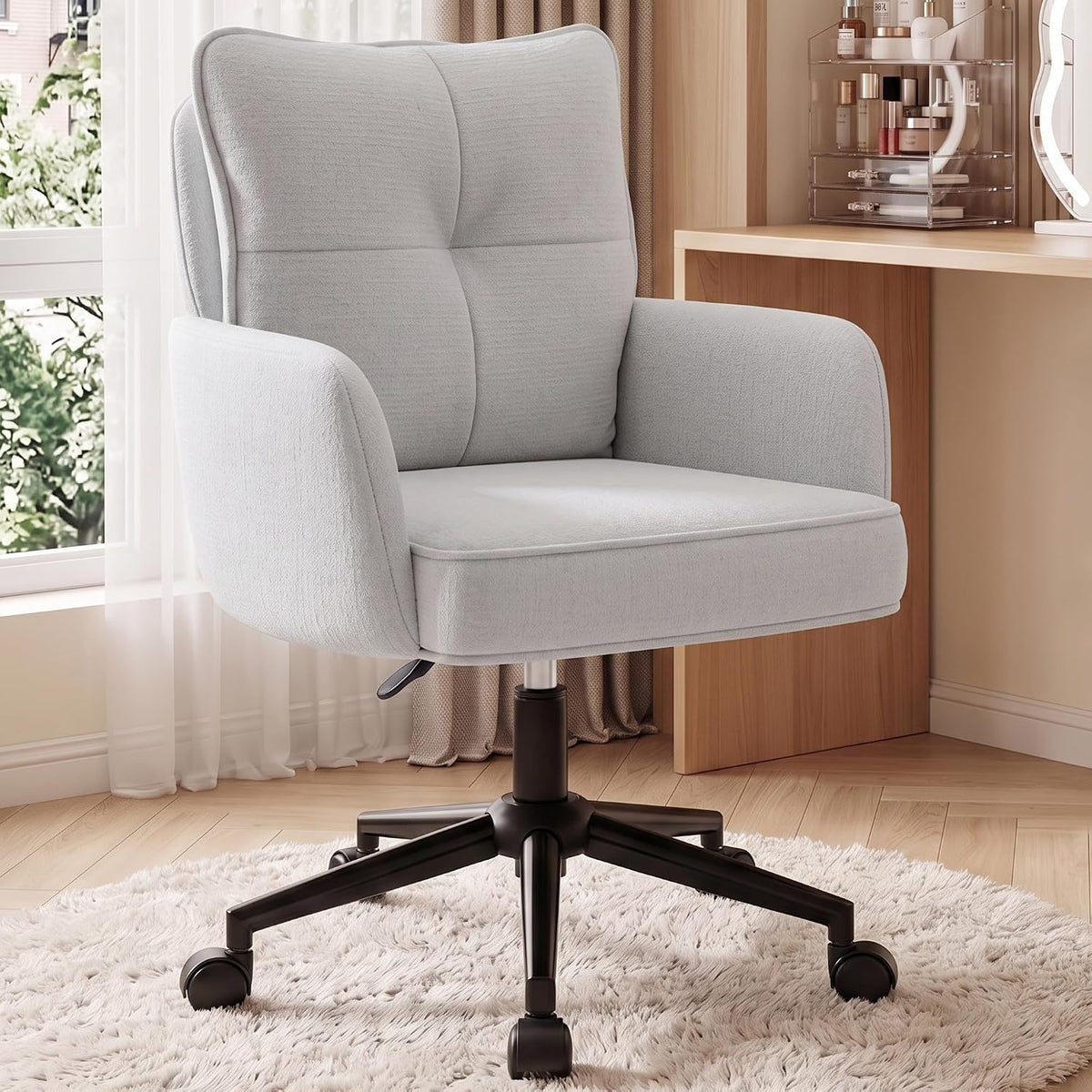 Vanity Chair with Wheels, Modern Height Adjustable Makeup Desk Chair with 360° Swivel & 28D High-Density Sponge Cushion, Upholstered Small Task Stool for Bedroom, Living Room & Home, White
