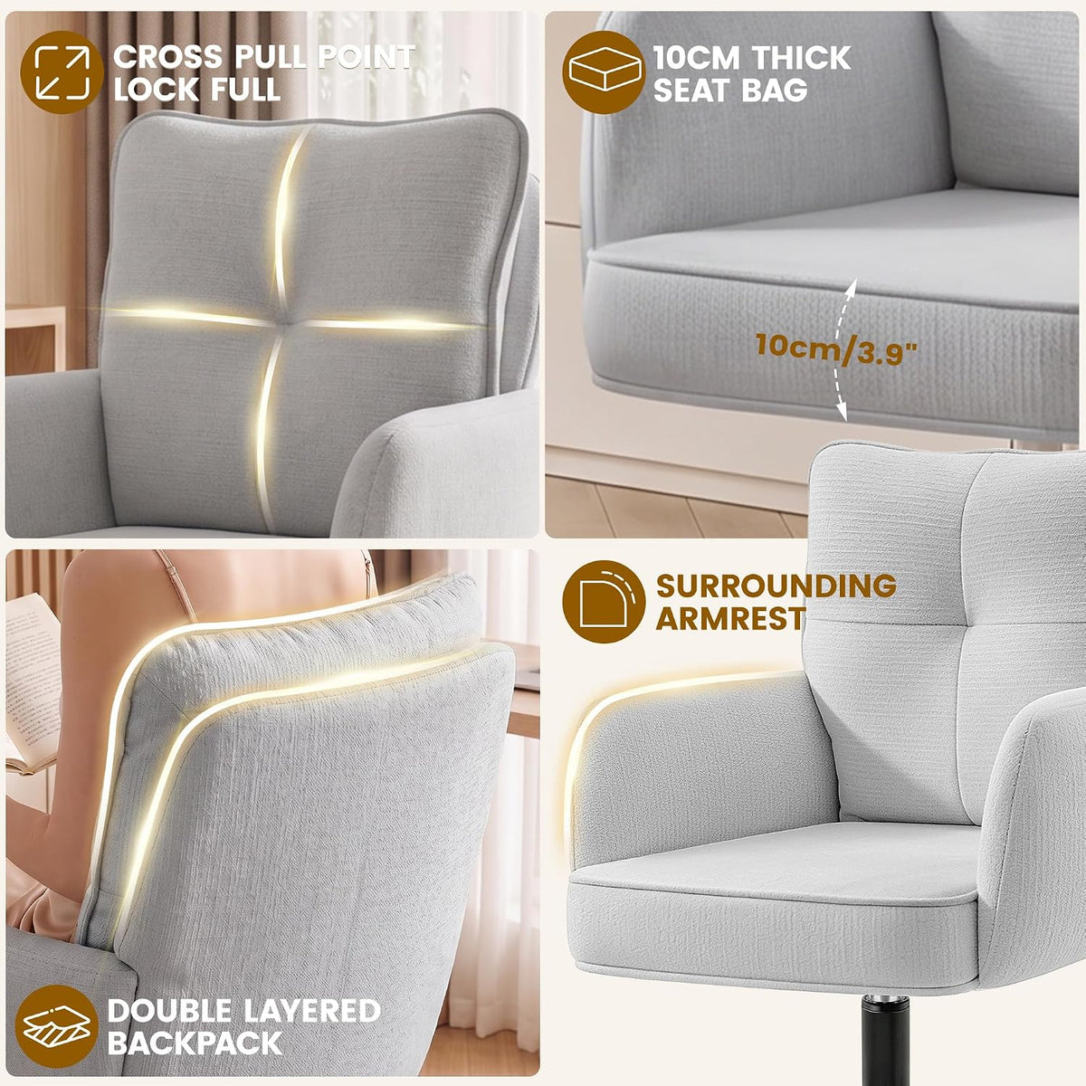 Vanity Chair with Wheels, Modern Height Adjustable Makeup Desk Chair with 360° Swivel & 28D High-Density Sponge Cushion, Upholstered Small Task Stool for Bedroom, Living Room & Home, White
