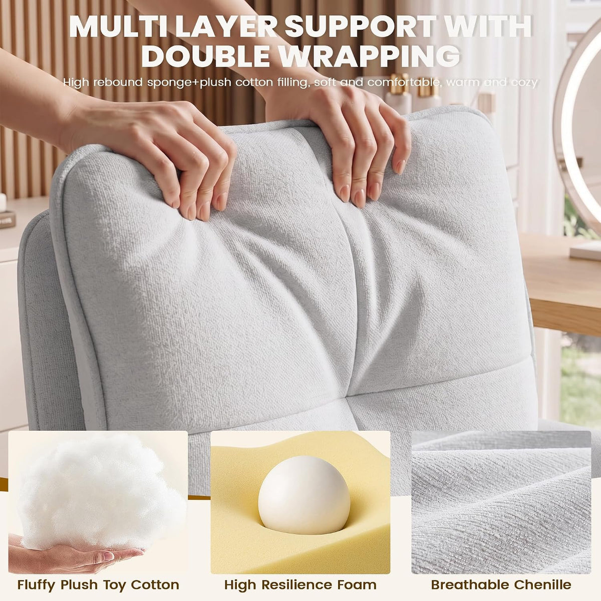 Vanity Chair with Wheels, Modern Height Adjustable Makeup Desk Chair with 360° Swivel & 28D High-Density Sponge Cushion, Upholstered Small Task Stool for Bedroom, Living Room & Home, White