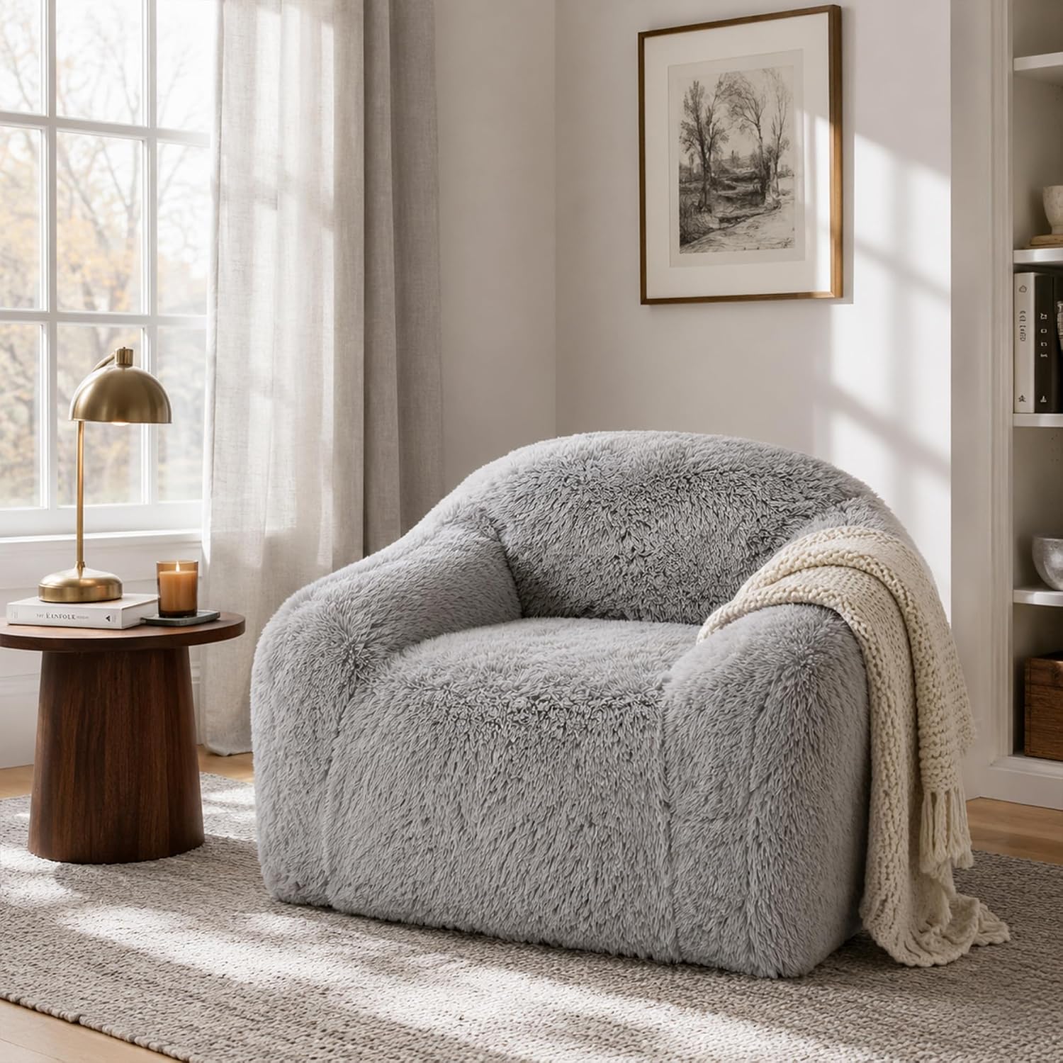 Stella Mia Compressed Accent Chair, Shaggy Plush Foam Sofa Chair with Pocket Coils & Curved Arms