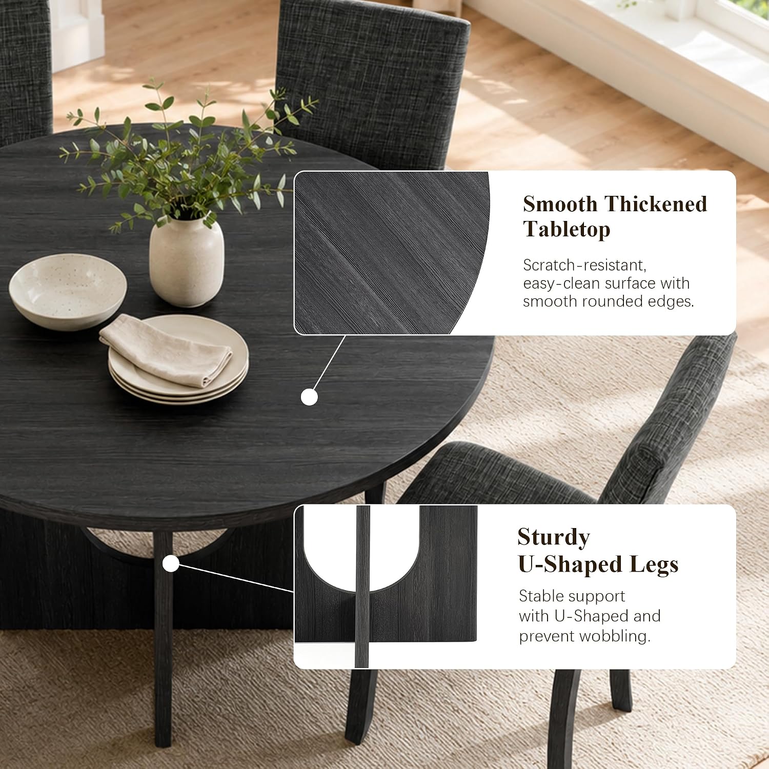Stella Mia Round Dining Table Set for 4, 47" Round Tabletop, Dark Gray | U-Shaped Pedestal Base