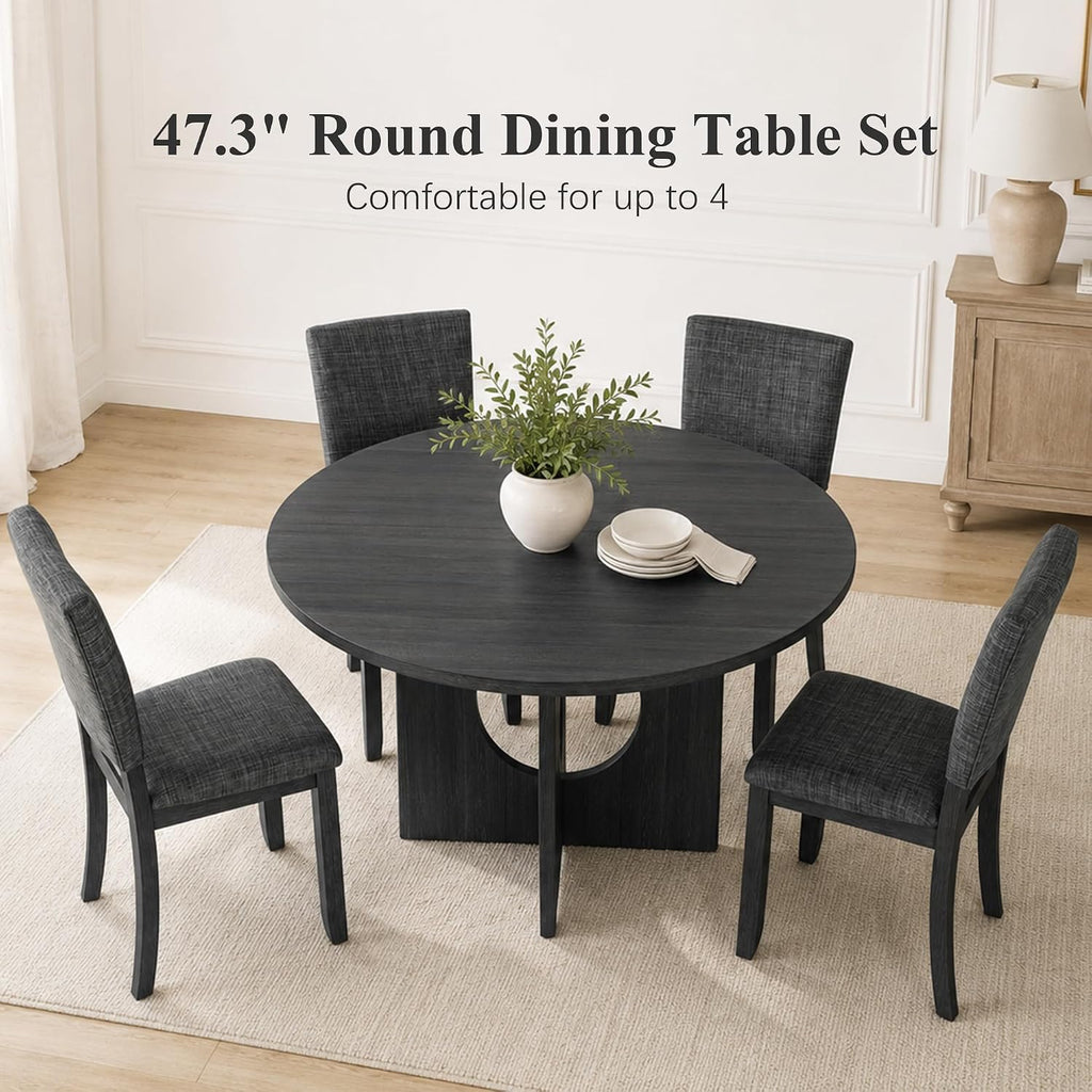 Stella Mia Round Dining Table Set for 4, 47" Round Tabletop, Dark Gray | U-Shaped Pedestal Base
