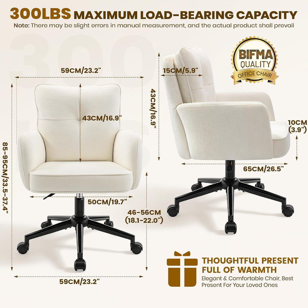 Vanity Chair with Wheels, Modern Height Adjustable Makeup Desk Chair with 360° Swivel & 28D High-Density Sponge Cushion, Upholstered Small Task Stool for Bedroom, Living Room & Home, White