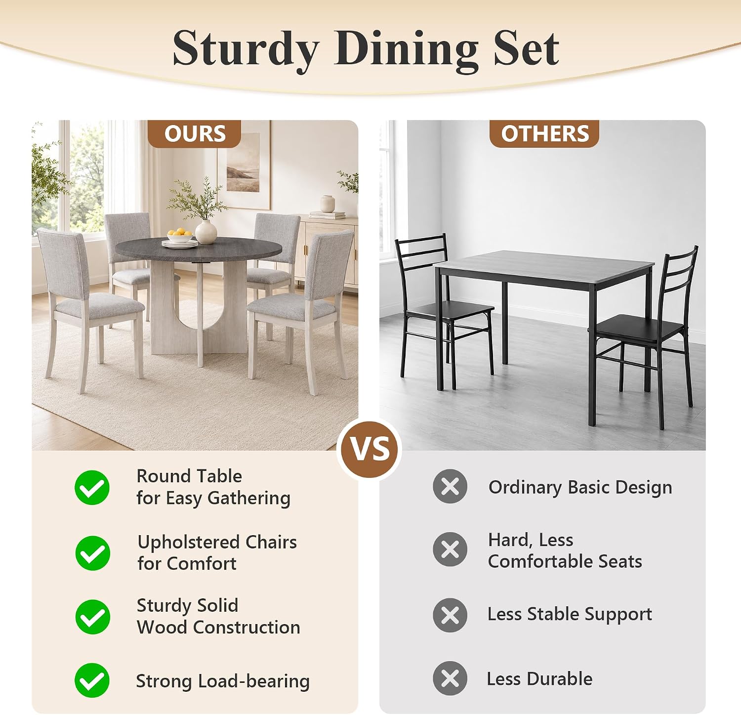 Stella Mia Round Dining Table Set for 4, 47" Round Tabletop, Dark Gray | U-Shaped Pedestal Base