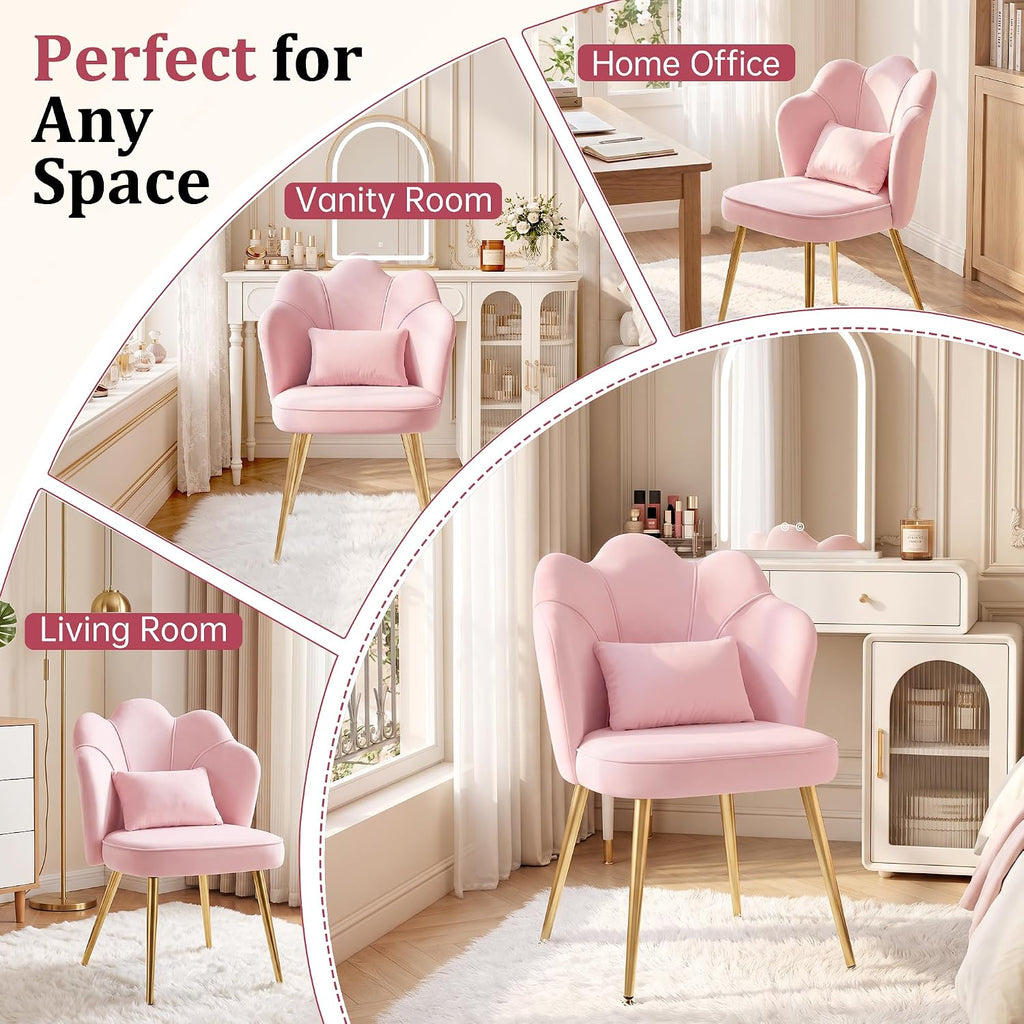 Petal Vanity Chair with Back, Cute Girls Desk Chair Comfy No Wheels, Small Accent Chair with Adjustable Gold Legs & Lumbar Pillow for Bedroom Makeup Room Home Office