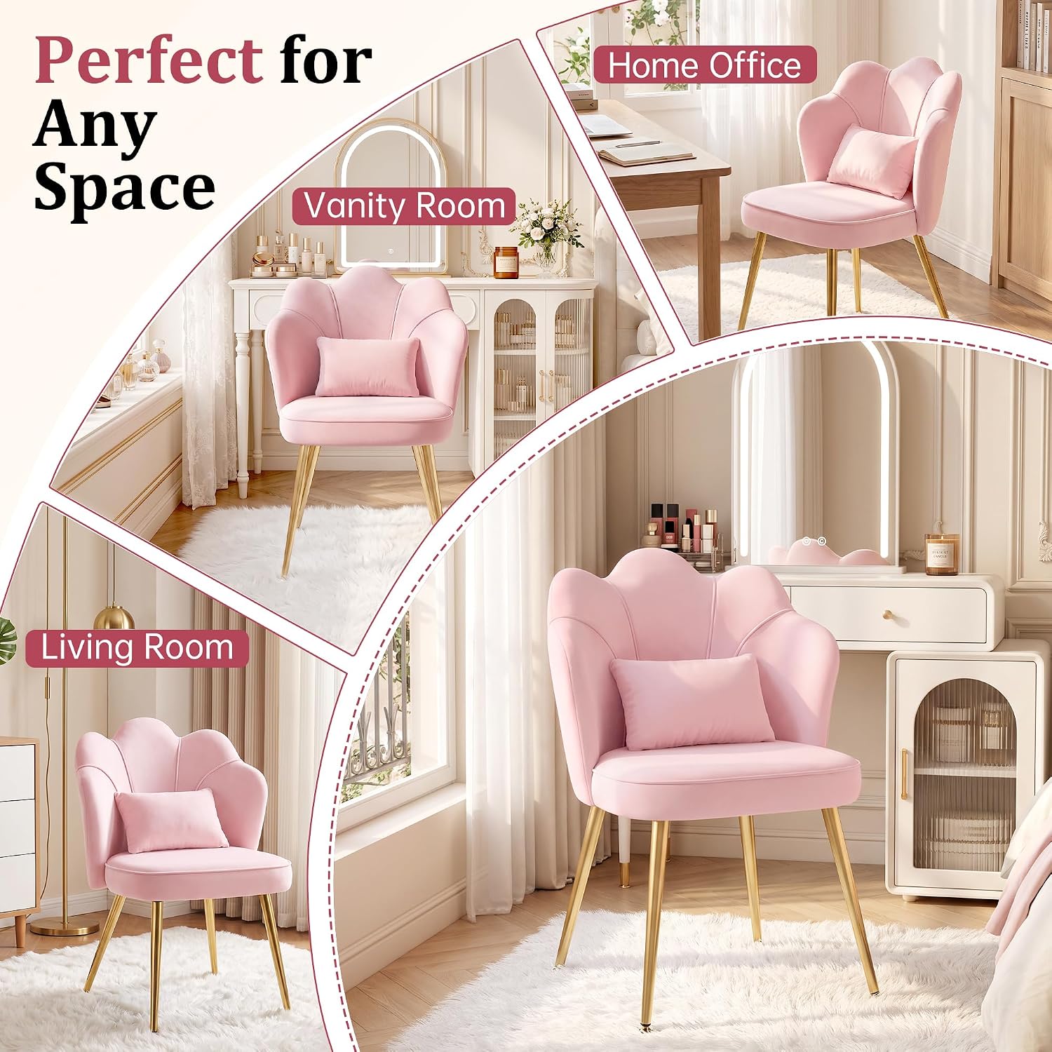 Petal Vanity Chair with Back, Cute Girls Desk Chair Comfy No Wheels, Small Accent Chair with Adjustable Gold Legs & Lumbar Pillow for Bedroom Makeup Room Home Office