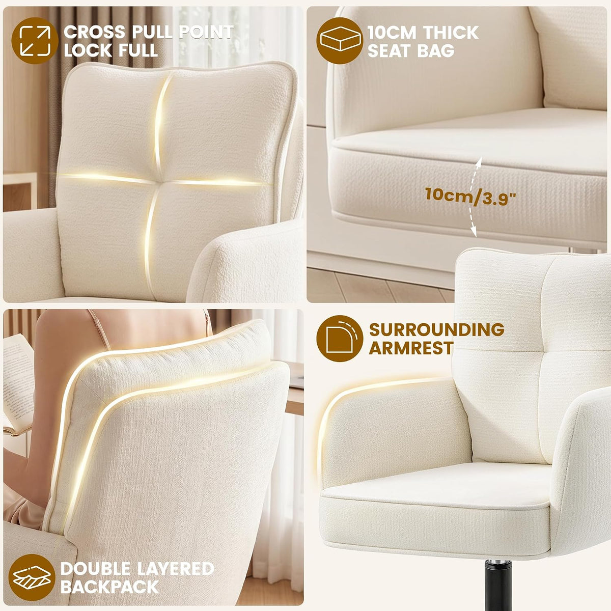 Vanity Chair with Wheels, Modern Height Adjustable Makeup Desk Chair with 360° Swivel & 28D High-Density Sponge Cushion, Upholstered Small Task Stool for Bedroom, Living Room & Home, White