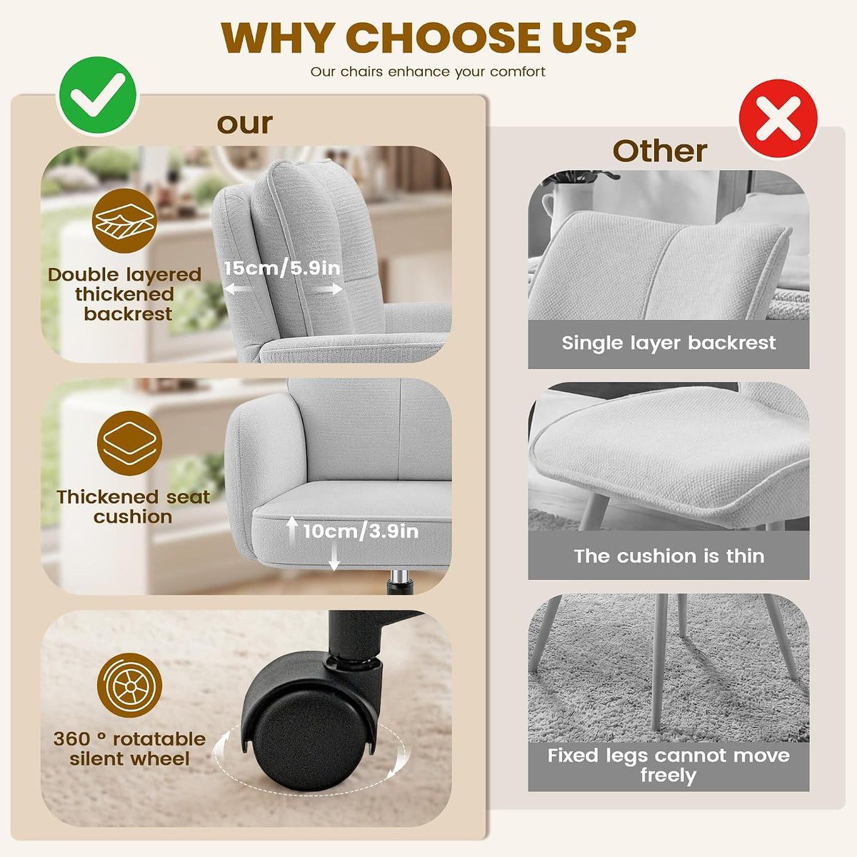 Vanity Chair with Wheels, Modern Height Adjustable Makeup Desk Chair with 360° Swivel & 28D High-Density Sponge Cushion, Upholstered Small Task Stool for Bedroom, Living Room & Home, White