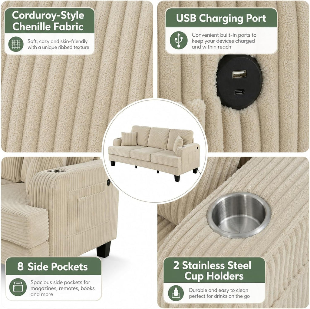 Stella Mia 85" Upholstered Sofa with USB-A & USB-C Charging Port, Stainless Steel Cup Holders