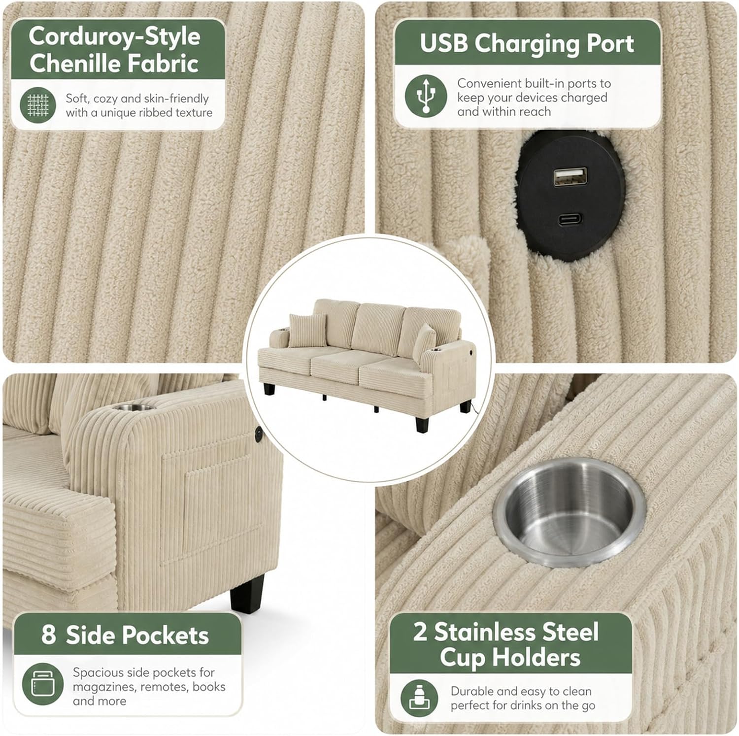 Stella Mia 85" Upholstered Sofa with USB-A & USB-C Charging Port, Stainless Steel Cup Holders