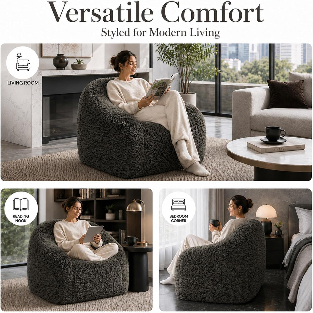 Stella Mia Compressed Accent Chair, Shaggy Plush Foam Sofa Chair with Pocket Coils & Curved Arms