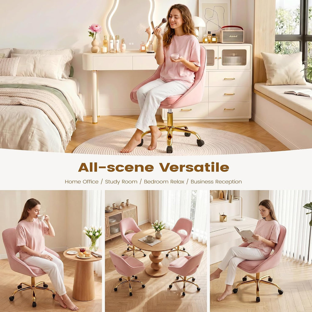 Vanity Chair with Wheels, Adjustable Makeup Desk Chair for Bedroom, Pink | Soft velvet upholstery, 300 lbs capacity, 18.1-21.7 in seat height, 360 swivel, curved back, gold base, study and home office