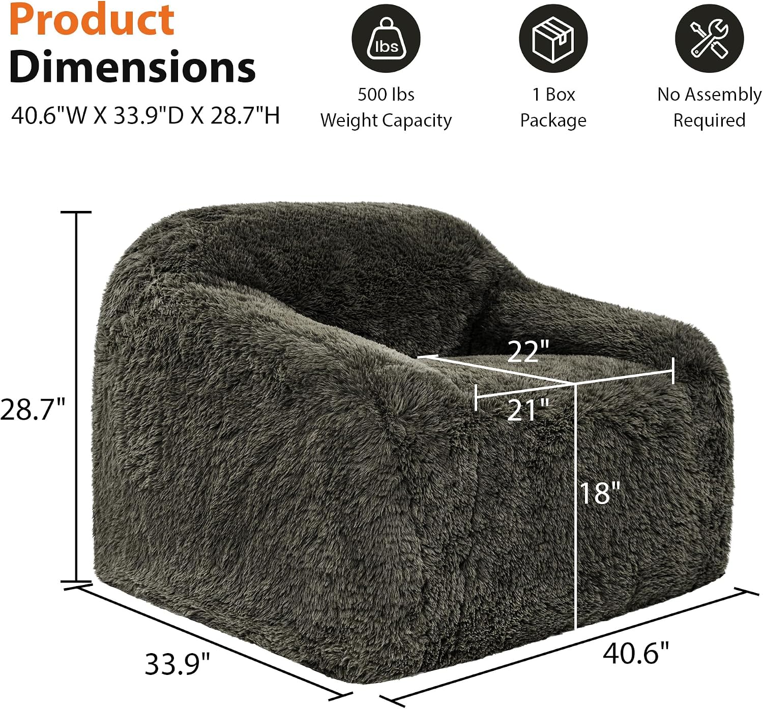 Stella Mia Compressed Accent Chair, Shaggy Plush Foam Sofa Chair with Pocket Coils & Curved Arms