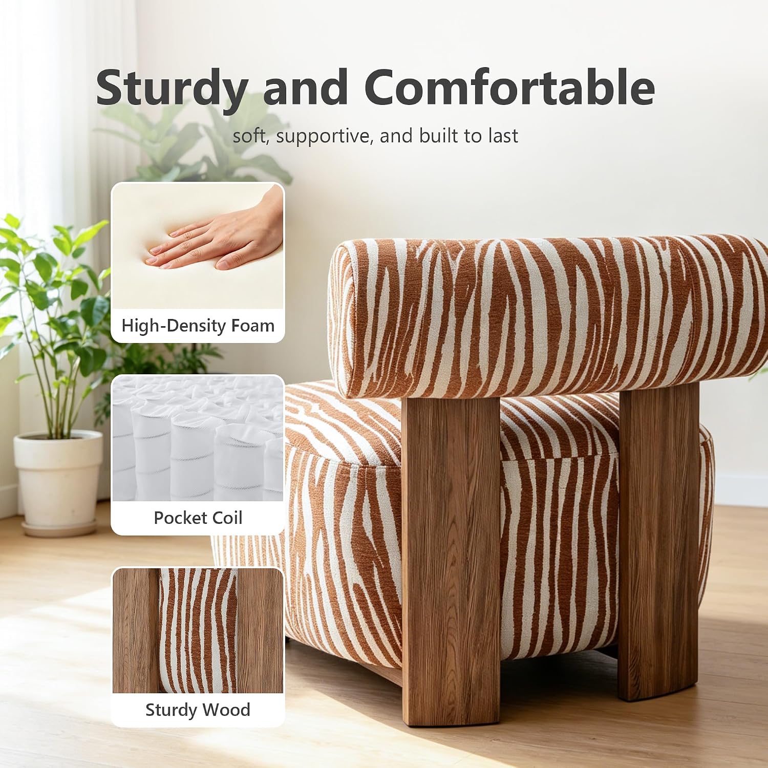 Stella Mia Zebra Accent Chair, Chenille Upholstered Armless Chair with Cylindrical Backrest