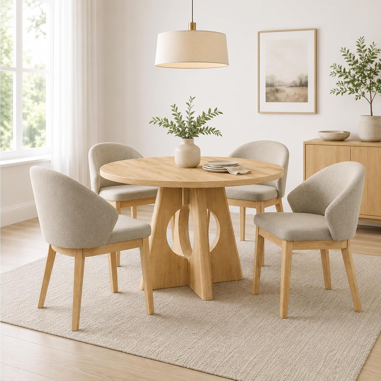 Stella Mia 5-Piece Round Dining Table Set for 4, 47" Organic Modern Kitchen Table & 4 Upholstered Chairs