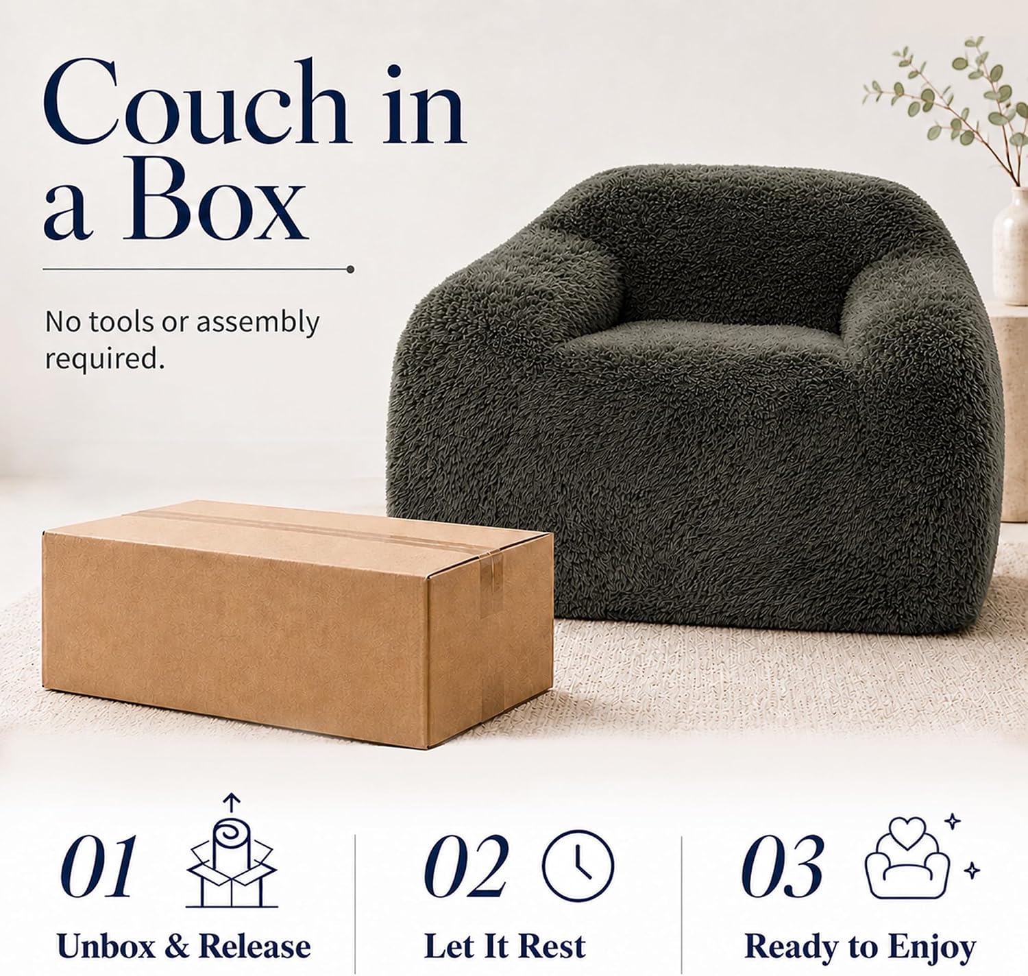 Stella Mia Compressed Accent Chair, Shaggy Plush Foam Sofa Chair with Pocket Coils & Curved Arms